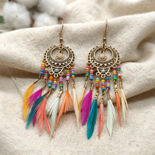 Boucles d'oreilles bohèmes plumes colorées & perles – style ethnique hippie chic