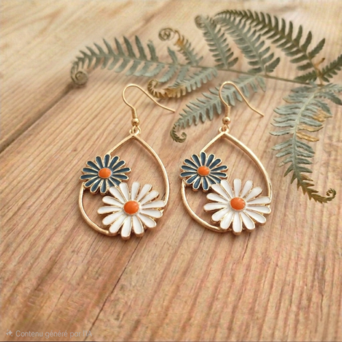 Boucles d'oreilles pendantes fleurs marguerites - bijou émaillé doré - cadeau femme