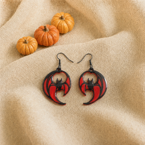 Boucles d’oreilles chauve-souris rouge et noir, imprimées en 3d et résinées, bijou halloween gothique, deux modèles
