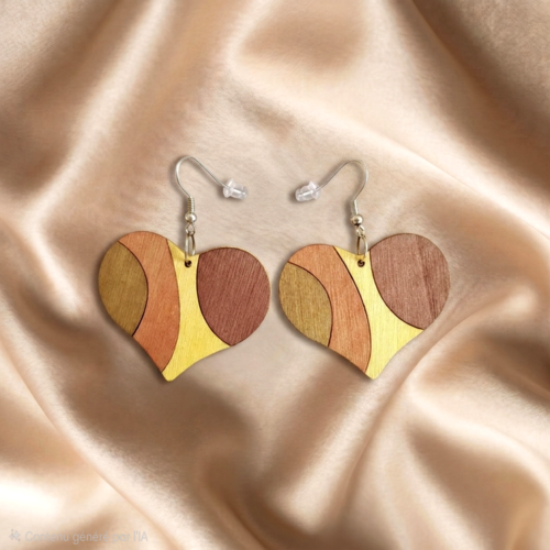 Boucles d'oreilles cœurs en bois coloré – design graphique et artisanal
