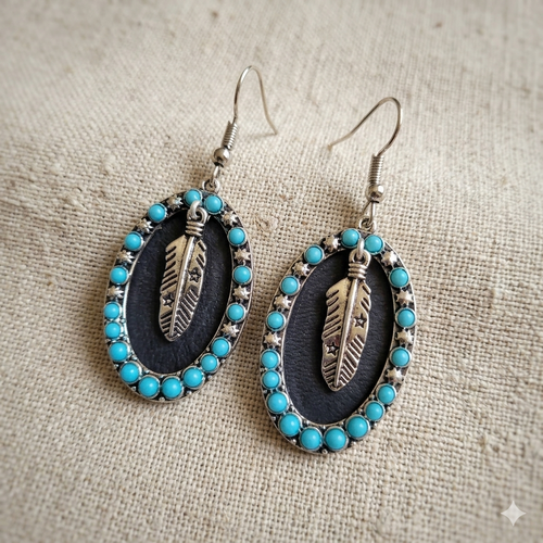 Boucles d'oreilles plume bohème turquoise & chambre à air recyclée - upcycling ethnique