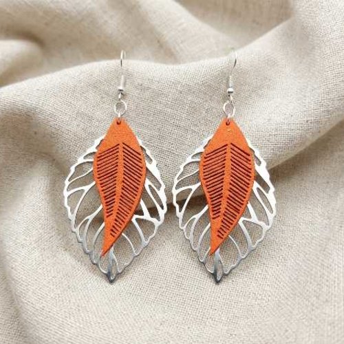 Boucles d'oreilles feuilles orange en suédine, pendantes nature argentées et métal ajouré, bijou bohème chic terracotta cadeau femme