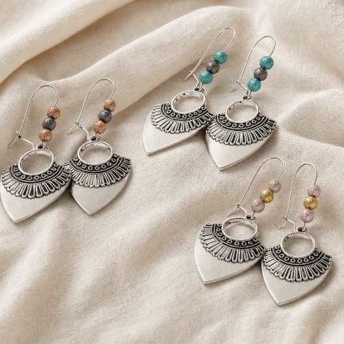 Boucles d'oreilles inca ethniques argentées & perles colorées - bijou tribal bohème fait main