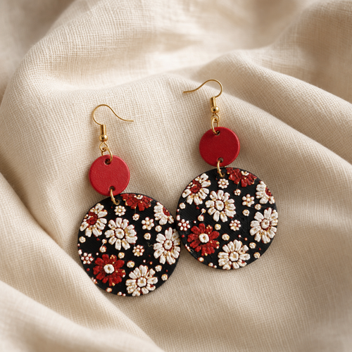 Boucles d'oreilles 3d rondes à fleurs rouges et blanches – pendantes 8cm