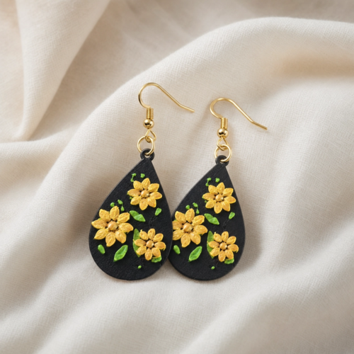 Boucles d'oreilles artisanales fleurs jaunes 3d – noir et doré
