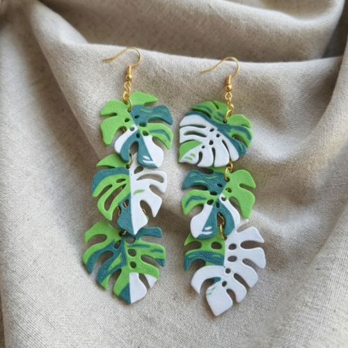 Boucles d'oreilles monstera impression 3d, bijoux feuilles tropicales légères vert et blanc