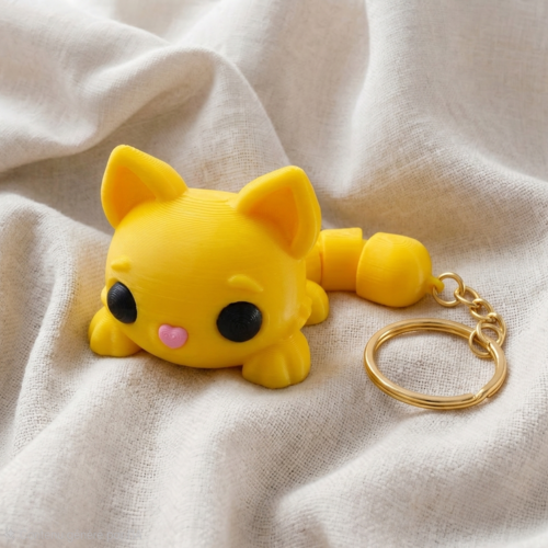 Porte-clés chat jaune articulé en impression 3d - accessoire créatif et original