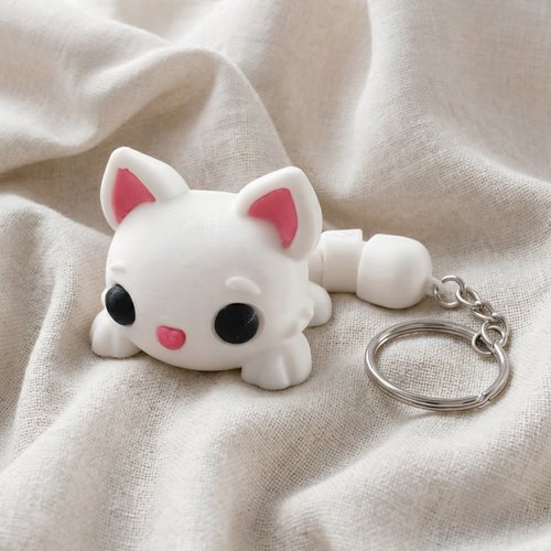 Porte-clés chat blanc articulé en impression 3d - bijou de sac minimaliste - création faite main