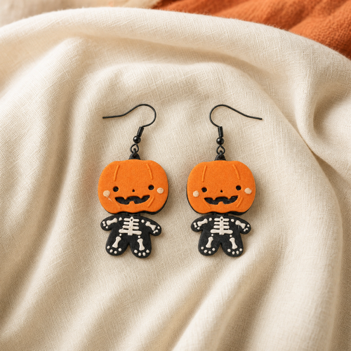 Boucles d’oreilles citrouille et squelette articulé – bijou halloween imprimé en 3d