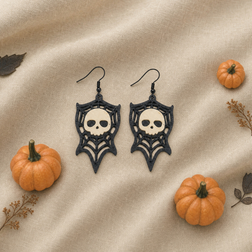 Boucles d'oreilles tête de mort et toile d'araignée - bijoux halloween gothiques en impression 3d