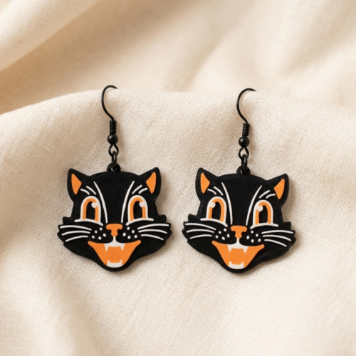 Boucles d'oreilles chat noir rétro halloween en impression 3d — bijoux faits main légers avec crochets noirs