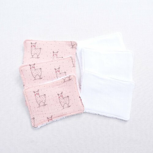 Ensemble 6 lingettes/cotons écologique bébé cadeau naissance en lange motif lama original