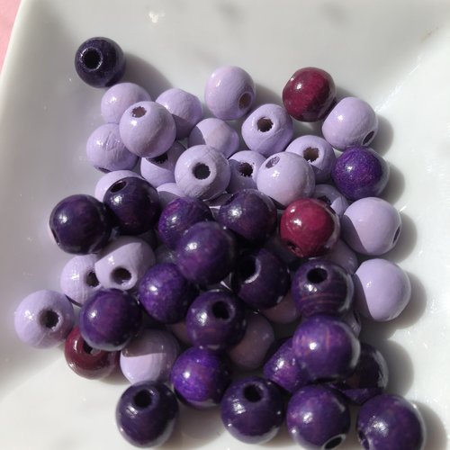 Perles bois rondes - lot de 55 perles de bois diam 7 mm assortiment tons mauves
