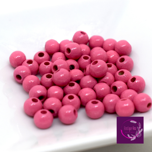 Perles bois rondes rose - lot de 48 perles de bois diam 5 mm