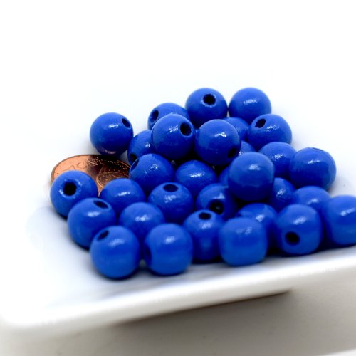 Perles bois rondes bleu roi - lot de 32 perles de bois diam 7 mm