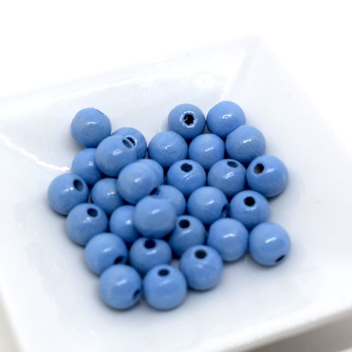 Perles bois rondes bleu ciel - lot de 30 perles de bois diam 7 mm