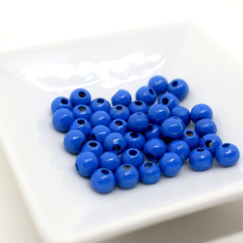 Perles bois rondes bleu roi - lot de 42 perles de bois diam 5 mm