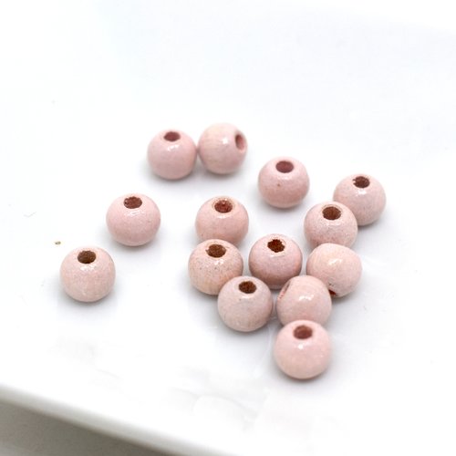 Perles bois rondes rose pale - lot de 14 perles de bois diam 5 mm