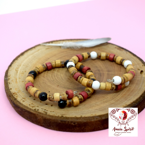 Bracelet enfant - lot de 2 bracelets bohème fait main naturel blanc et carmin style bohème en perles naturelles bois nois de coco