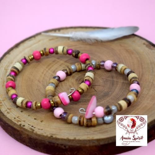 Bracelet enfant - lot de 2 bracelets bohème fait main naturel et rose style bohème en perles naturelles bois noix de coco