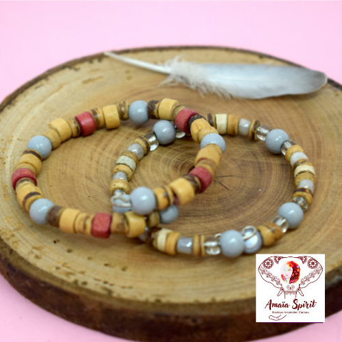 Bracelet enfant - lot de 2 bracelets bohème fait main naturel bordeaux et gris style bohème en perles naturelles bois noix de coco