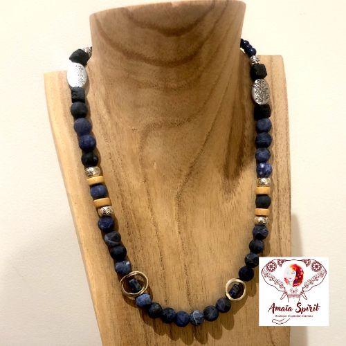 Collier femme perles sodalite collier pierre de gemme ras du cou 40 cm