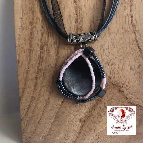 Collier femme pendentif "minga" perles hematite perles de verre noir anthracite - création unique