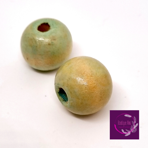 Lot de 2 perles ronde en bois bleu lagon 16mm