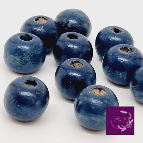 Lot de 10 perles de bois 12 mm - bleu marine