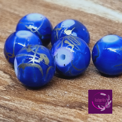 Perle bleu et or en verre 10 mm x 6