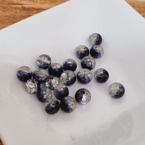 Perle de verre ronde craquelée noire et blanche 6 mm x 20