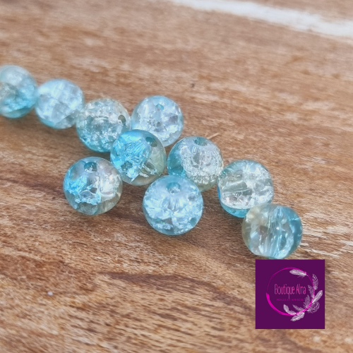 Perle de verre ronde craquelée bleu et blanche 6 mm x 10