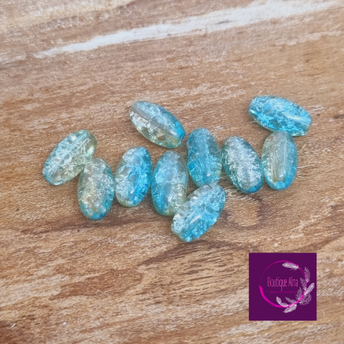 Perle de verre olive craquelée bleu et blanche 10 mm x 10