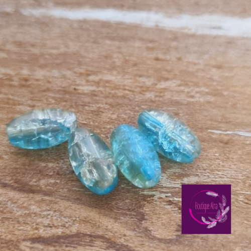 Perle de verre olive craquelée bleu et blanche 10 mm x 4
