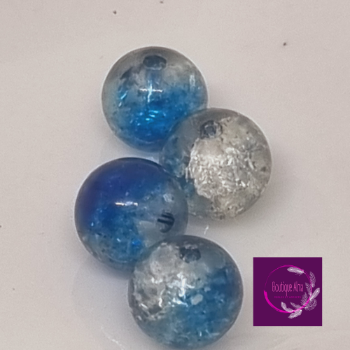 Perle de verre ronde craquelée bleu et translucide 8 mm x 4