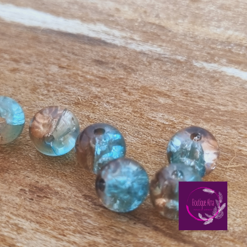 Perle de verre ronde craquelée bleu et brun 8 mm x 6