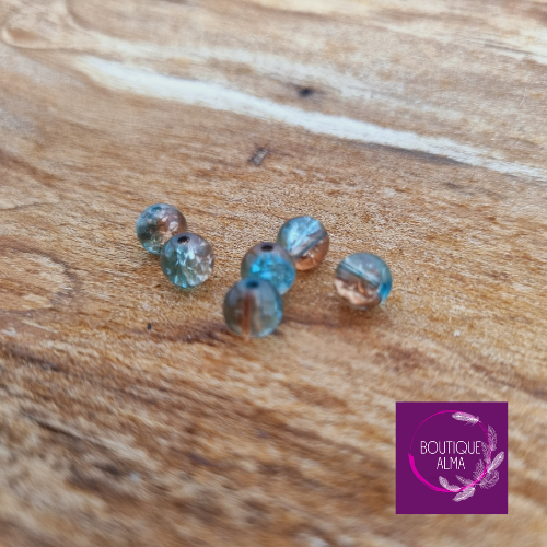 Perle de verre ronde craquelée bleu et brun 6 mm x 6