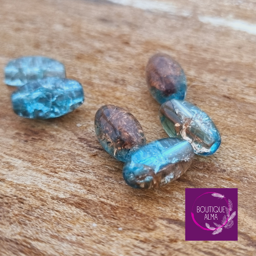 Perle de verre olive craquelée bleu et brun 10 mm x 6