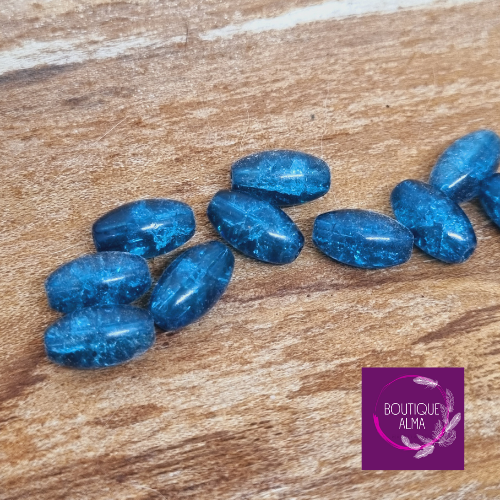 Perle de verre olive craquelée bleu turquoise 10 mm x 8
