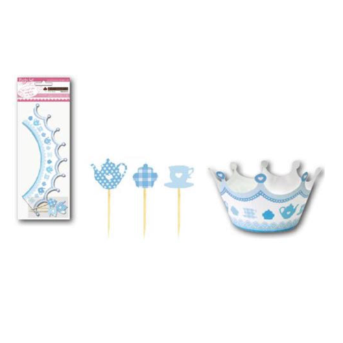 Kit décoration cupcakes - wrappers et cake toppers - bleu et blanc - thème tea time