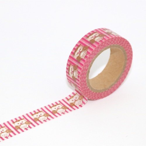Masking tape - chouettes - rayures - rose et beige x 10 m