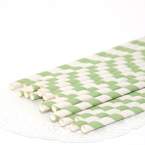 Lot de 24 pailles en papier - rayé - blanc et vert tilleul