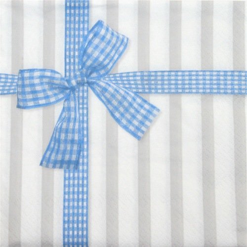 1 serviette en papier - rayures grises et noeud vichy bleu - 33 x 33 cm