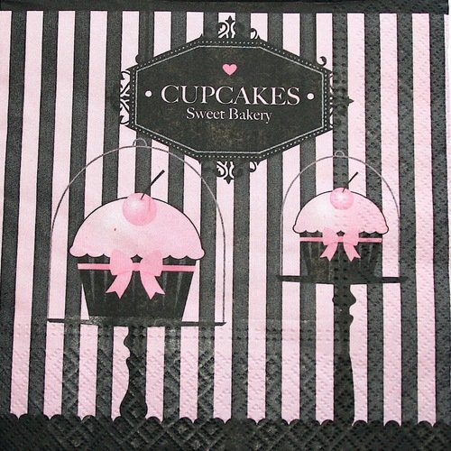 1 serviette en papier - cupcakes - noir et rose - 33 x 33 cm