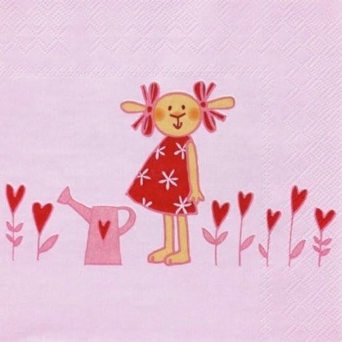 1 serviette en papier - lapine arrosoir et fleurs coeurs rose - 33 x 33 cm