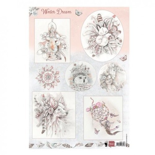 Feuille a4 pour découpage 3d - illustrations style bohème - gris rose - winter dreams - marianne design