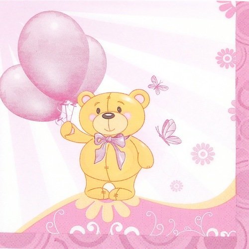 1 serviette en papier rose - ours avec ballons - naissance, enfant, fête, anniversaire...