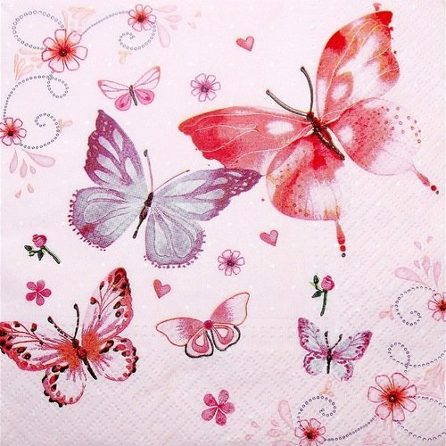 Serviette en papier - papillons rose et violet - 33 x 33 cm