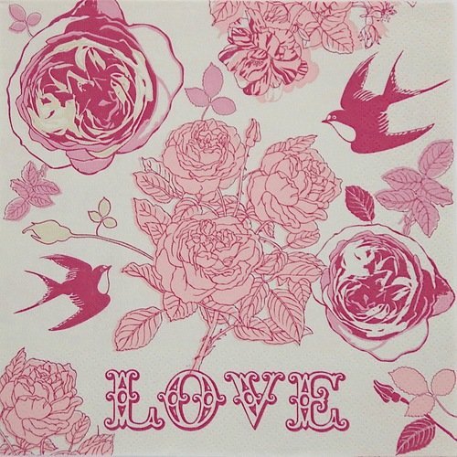1 serviette en papier - hirondelles, roses, love - 33 x 33 cm
