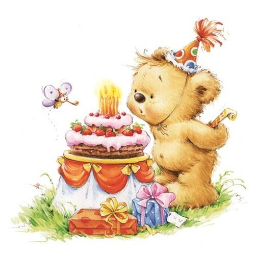 Serviette papier enfant, 33x33 cm, gâteau anniversaire, ourson, bougie, cadeau, serviettage, collection, collage, x1